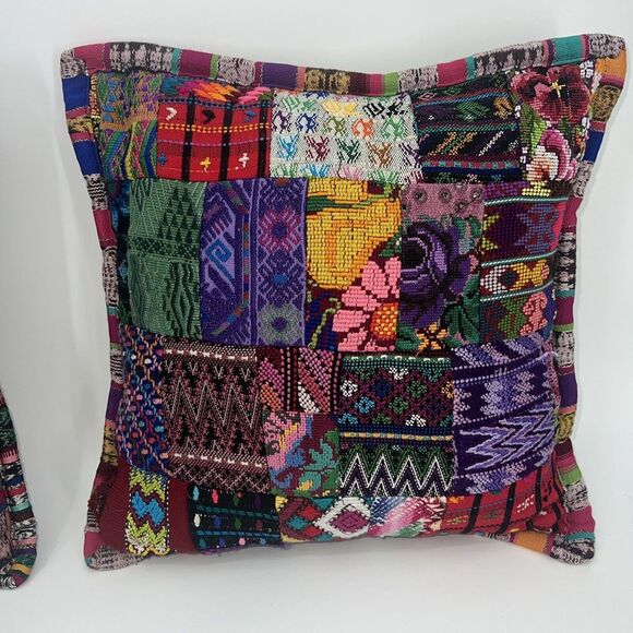 Handmade Set PATCHES OF HUIPIL Embroidered Pillow Cases Colorful Guatimala - Picture 4 of 11